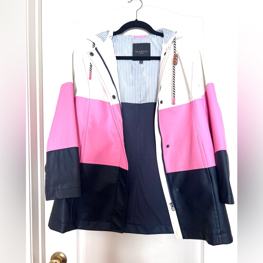 Talbots Petites Women's Pink, Blue & White Colorblock Raincoat Jacket Size Sp